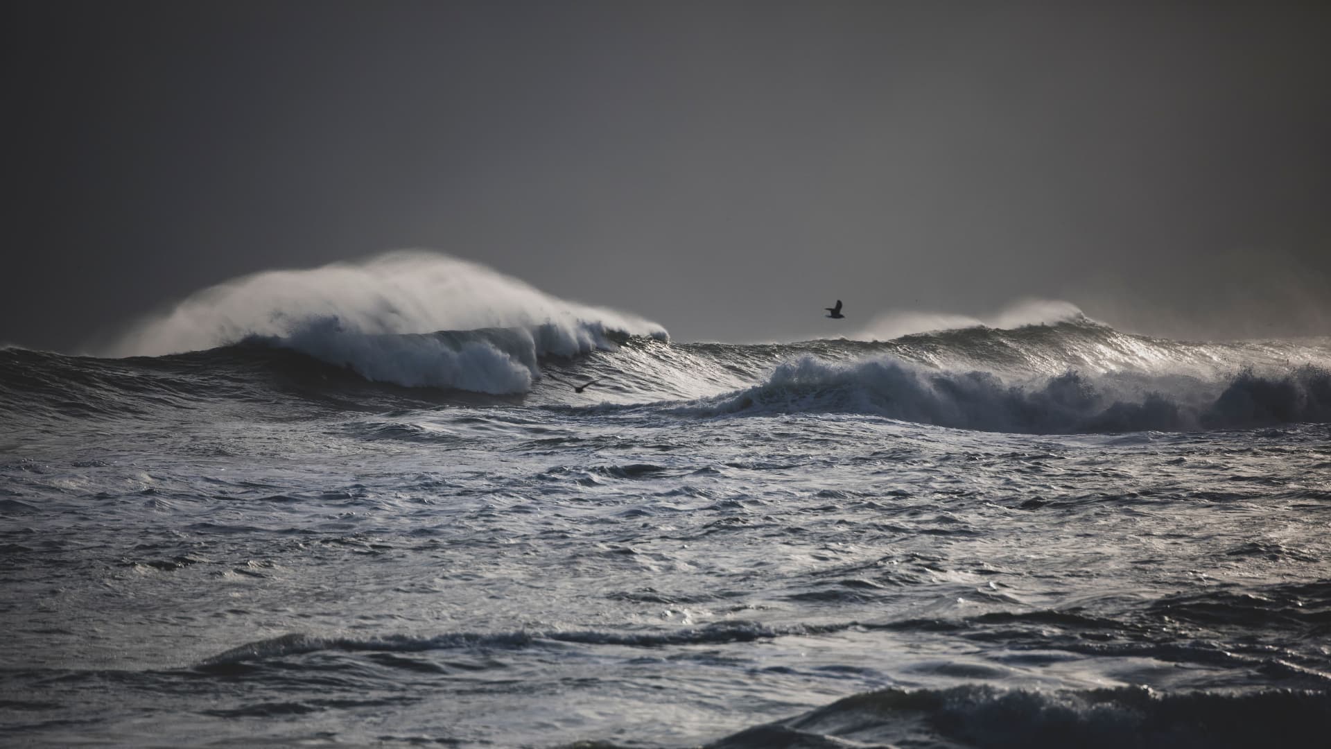 Waves breaking under a grey sky